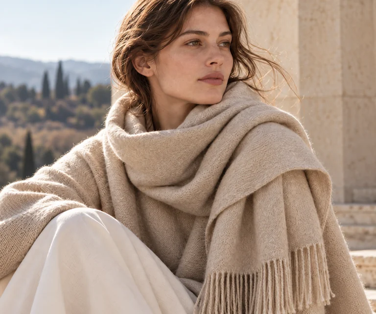 An oatmeal scarf worn as a soft autumn layer